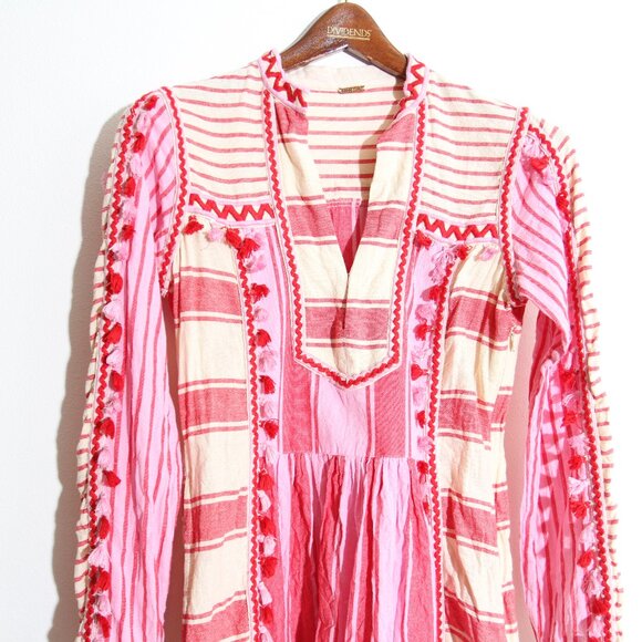 Dodo Bar Or Embroidered Stripe Midi Dress Tassel Fringe Pink Cotton Size Medium - Picture 4 of 14